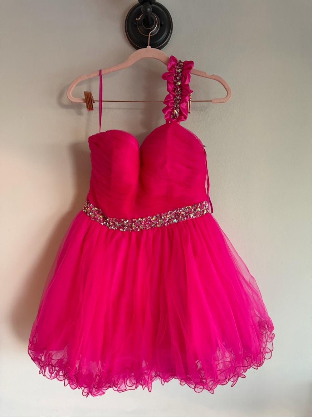 Eureka Hot Pink One Shoulder Rhinestone Tulle Homecoming Party Dress Large